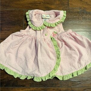 B.T.Kids Pink and Green Baby Dress with Strawberry Embroidery Size 18 Mo Vintage